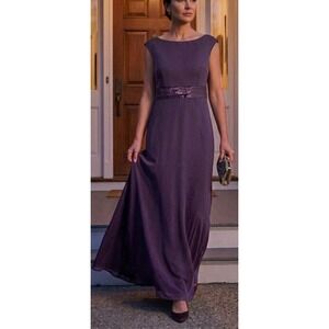 Alfred Angelo Boat Neck Maxi Dress Grape Purple Satin Waist Formal Gown Sz 9/10